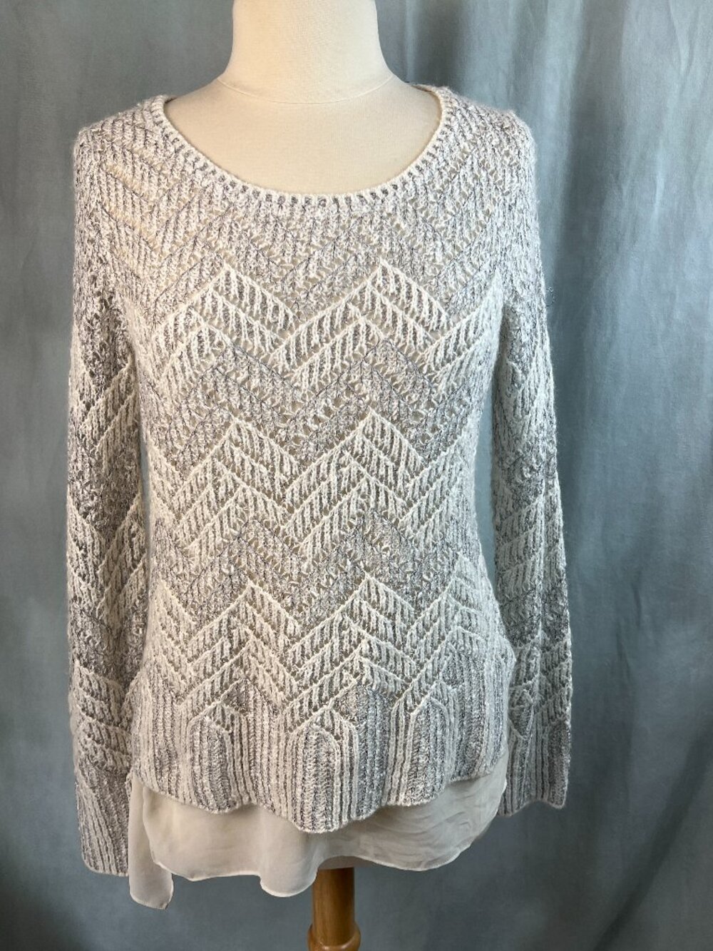Lucky Brand Metallic Silver Chevron Stripe Open Knit Pullover Sweater Size L